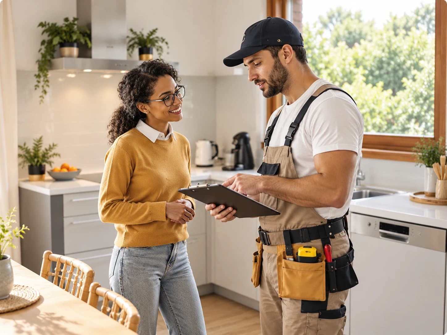 A homeowner and a tradesperson go over a job on a clipboard in a bright kitchen