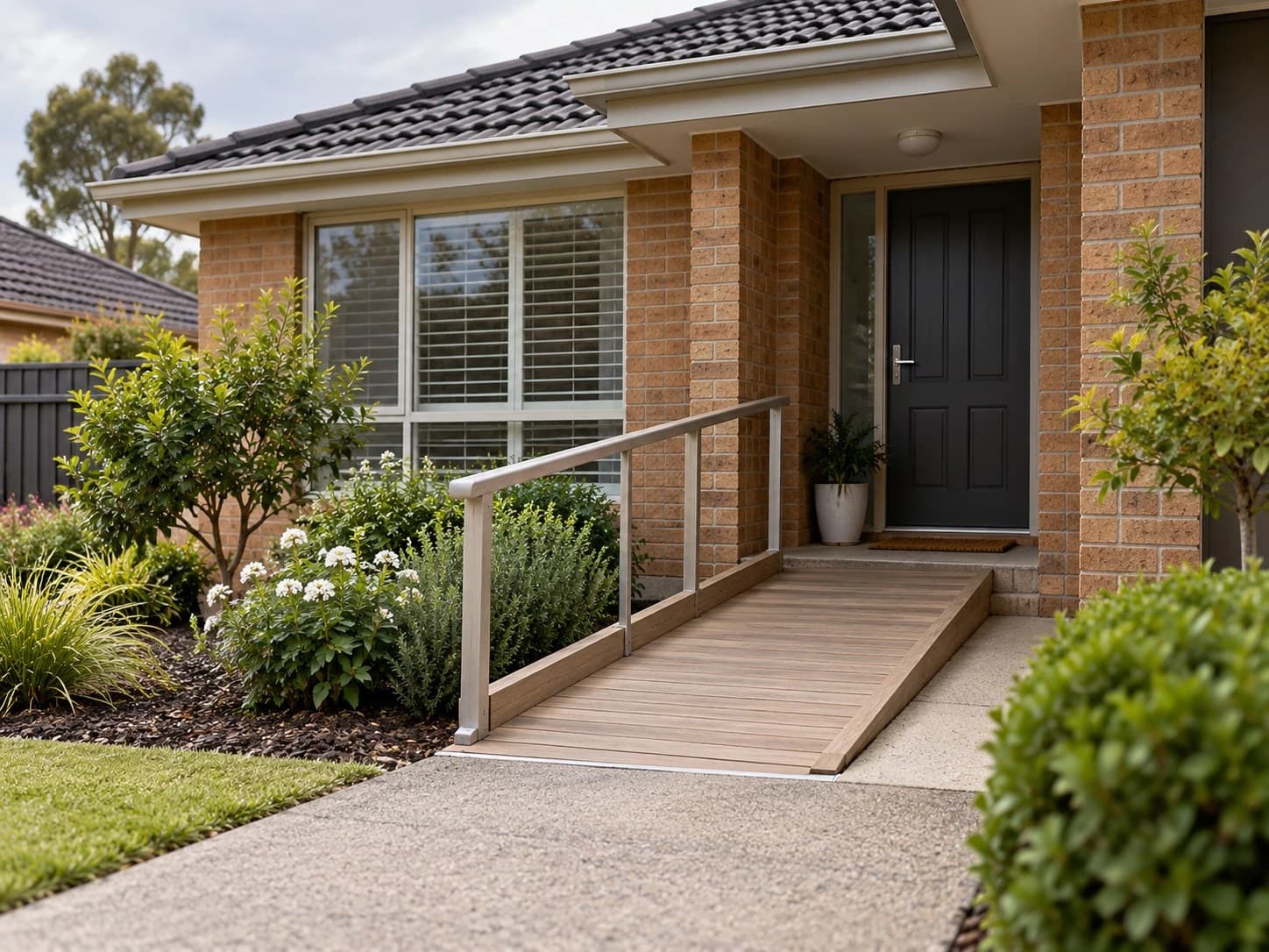 A short access ramp leading up to the front door of a suburban home