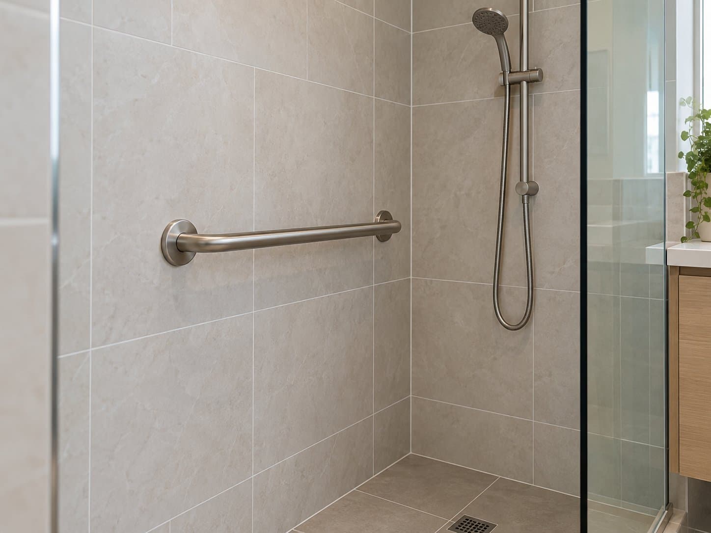 A residential bathroom with a grab rail fixed beside the shower